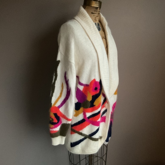 Vintage 80’s Rafaella Cream Floral Angora Rabbit Fur Wool Blend Cardigan, medium - Picture 2 of 6